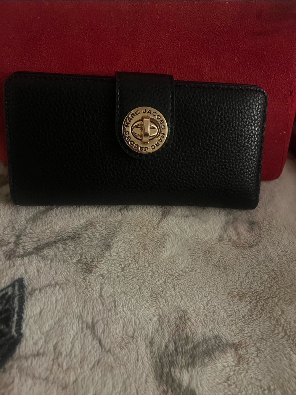 Marc Jacobs Black Pebbled Leather Wallet with Gold Turnlock Emblem